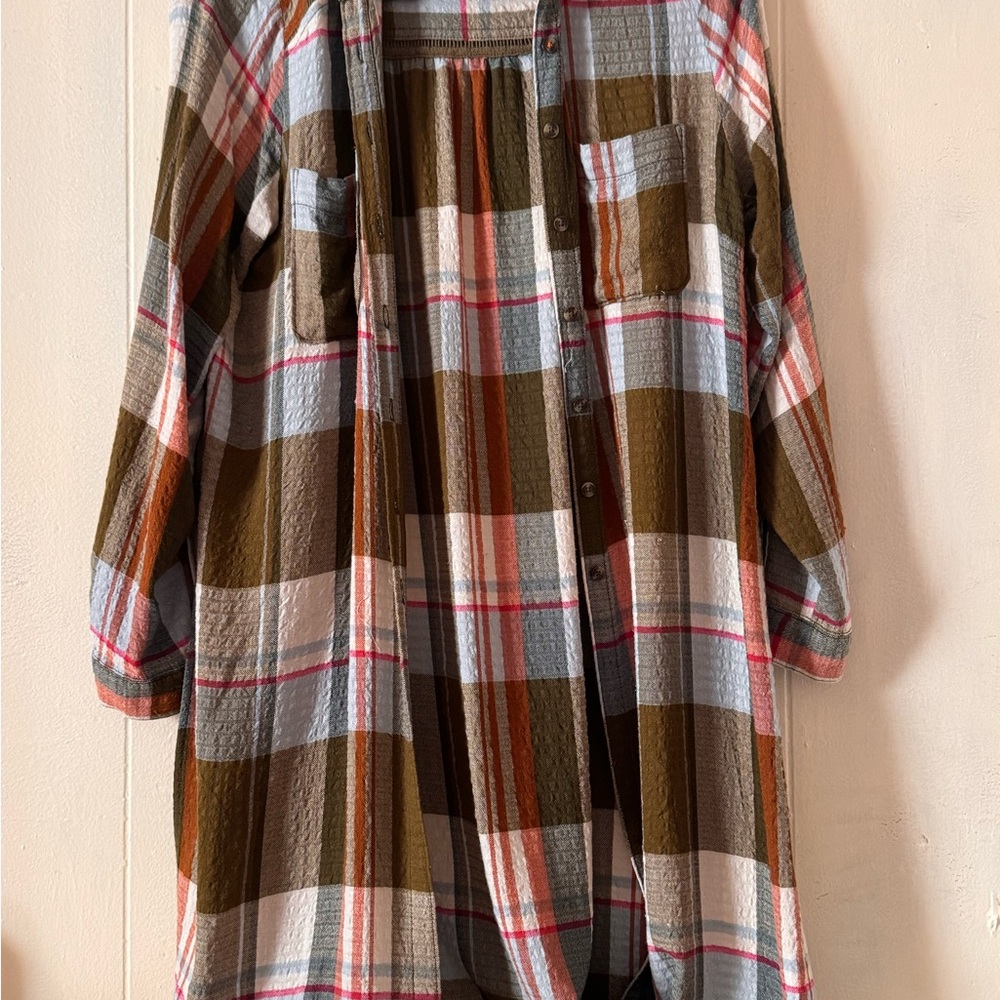 Pilcro Plaid Shirt Jacket in Olive, Brown & Coral Pink